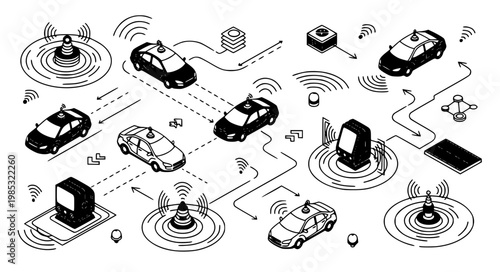 Autonomous Self Driving Vehicle Isometric Collection with Sensor and AI Signal System Vector Illustration