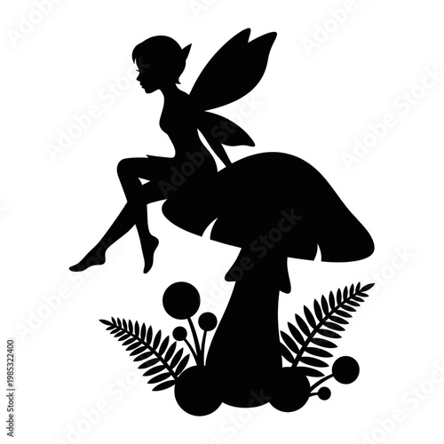 Fairy sitting on a mushroom silhouette mythical creature fantasy nature
