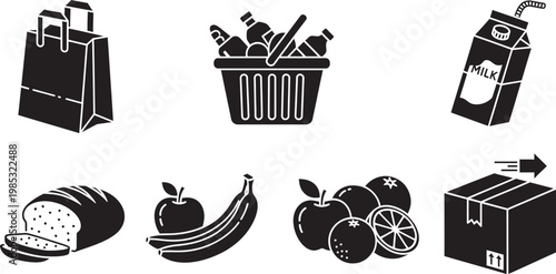 Grocery shopping icons, food delivery symbols