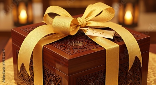 Ornate wooden gift box with a golden ribbon and tag.