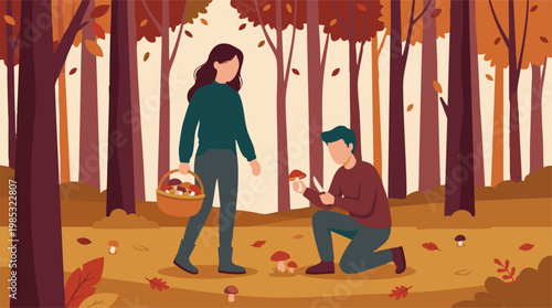 Couple harvesting wild mushrooms in an autumn forest illustration