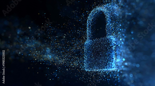 Digital Security Symbol: A glowing lock symbol composed of particles, representing data protection and cyber security. The padlock is a central element, representing privacy and safety.