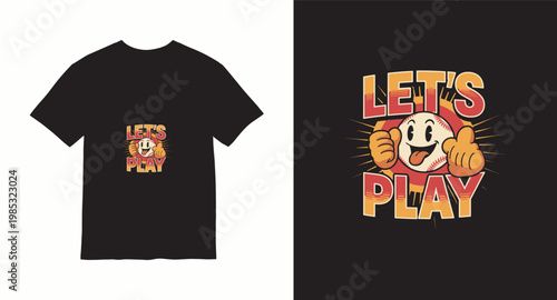 Let's play baseball cartoon vintage t-shirt design with happy character and thumbs up.