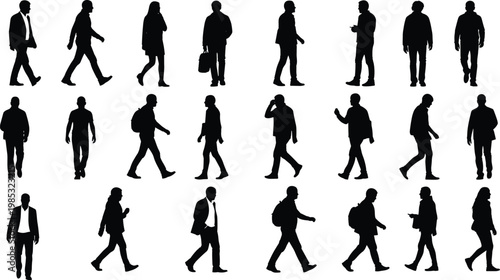 Business people walking silhouettes collection with different poses isolated on white background, professional urban lifestyle and corporate commuter illustration set