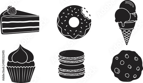 Delicious dessert icons including cake, donut, ice cream, cupcake, cookies, and brownies in black and white illustration