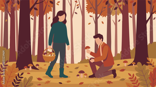 Couple mushroom hunting in autumn forest, gathering wild mushrooms with basket and knife