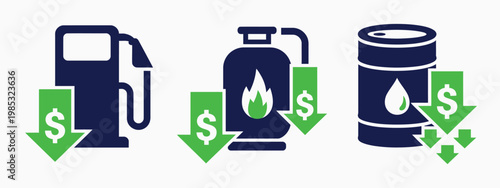 Icons showing decrease in fuel and energy prices gas pump propane tank and oil barrel vector illustration