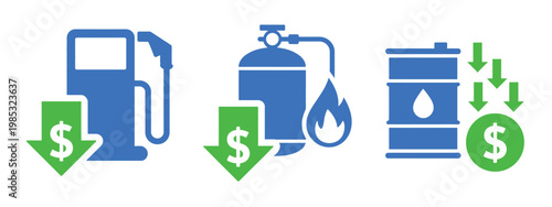 Icons showing decrease in fuel and energy prices gas pump propane tank and oil barrel vector illustration