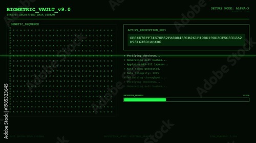 Futuristic Cyber Security Interface with Green Genetic Code and Hexadecimal Encryption Key Data Stream Progress Bar.