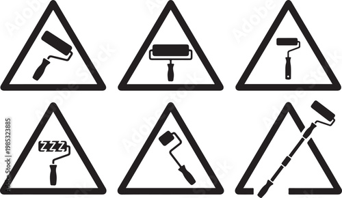 Humorous Warning Sign Icons Set with Various Paint Rollers and Extension Pole for Renovation and DIY Decorating Projects