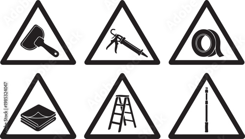 Set of DIY Home Improvement and Renovation Tool Icons in Triangular Warning Signs - Symbols for Painting, Construction, and Maintenance.