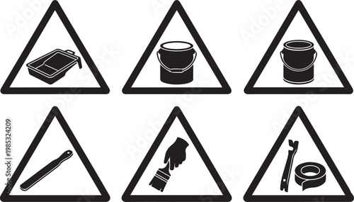 Set of Painting and Renovation Tool Icons in Warning Signs, including Paint Bucket, Brush, Tray, Scraper, and Tape for DIY and Home Improvement Safety
