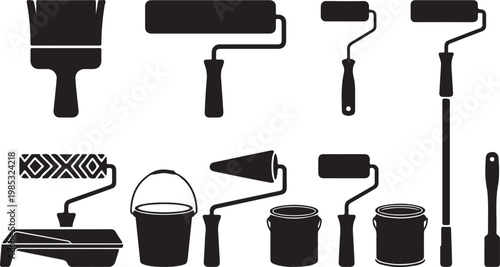 Set of Painting Tool Silhouettes, House Renovation and Decorating Equipment Icons including Paint Roller, Brush, Bucket, and Can Vector Graphics.