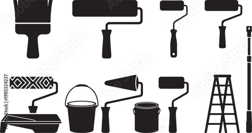 Set of painting tools silhouettes, including paint brush, rollers, bucket, tray, and ladder for home renovation and DIY projects