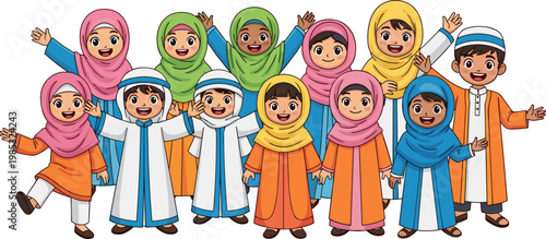 Diverse Group of Happy Muslim Children Cartoon Characters Wearing Traditional Islamic Clothing Hijab and Thobe Waving Together on White Background