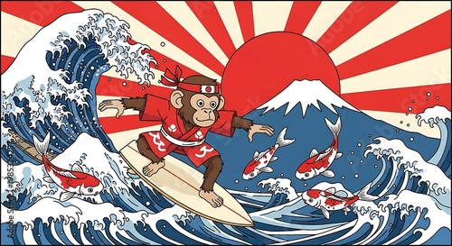 Monkey Surfing Japanese Art Style with Mount Fuji and Koi Fish.