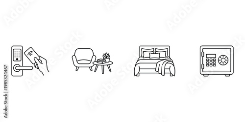 Hotel room and hospitality service line icons for luxury accommodation interior furniture safety security and modern travel guest amenities.