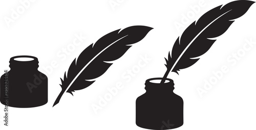 Black Silhouette Icons of a Feather Quill Pen and Inkwell, Set of Vintage Writing Tools and Calligraphy Plume.