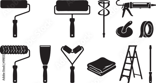 Collection of painting and home renovation tool silhouettes, including paint rollers, ladder, caulking gun, and scraper for DIY home improvement projects
