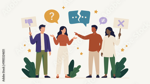 Diverse group of people debating and expressing differing opinions with signs.