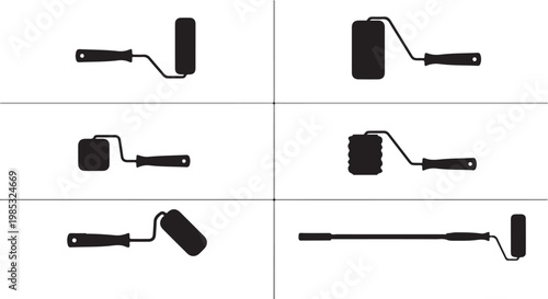 Collection of professional painting and renovation tools icons, including various paint rollers, putty knives, scrapers, mixers, sanding blocks, and sandpaper for DIY home improvement projects.