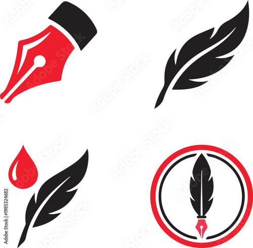 Collection of Writing and Literature Logo Icons featuring Pen Nibs and Quills for Authorship, Blogging, and Publishing
