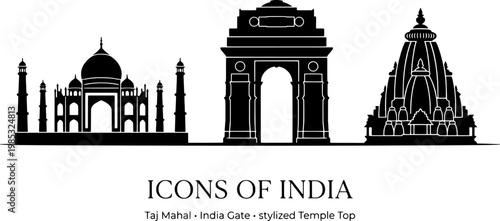 Icons of india featuring taj mahal india gate and temple