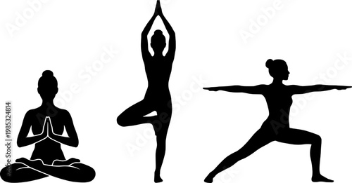 Three silhouettes of women performing yoga poses