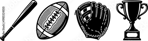 Sports equipment and trophy in black and white