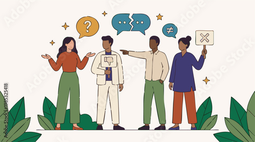 Illustration of diverse people expressing disagreement and communication breakdown