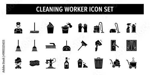 A comprehensive collection of black and white flat iconographic symbols for professional cleaning services and household chores in a clean functional style