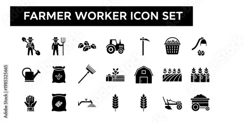 A minimalist informative collection of black glyph icons featuring agricultural elements farm tools and machinery for website design or infographics about farming activities.