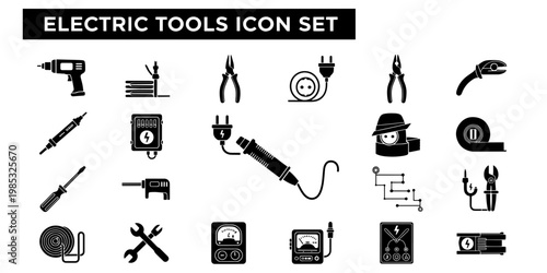 A minimalist graphic and professional collection of electric tools icons, including drills, pliers, screwdrivers, and multimeters, suitable for technical and informative designs.