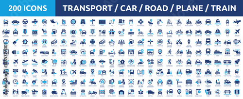 Huge set of 200 solid icons. Mega collection concept of transport, vehicle, car, logistics and shipping. Vector illustration.