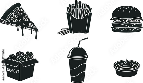 fast food icons set pizza burger fries nuggets soda