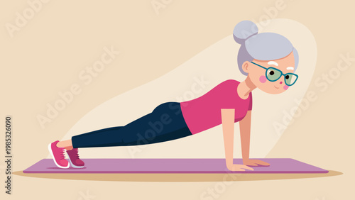 Elderly woman performing a plank exercise on a yoga mat in flat style
