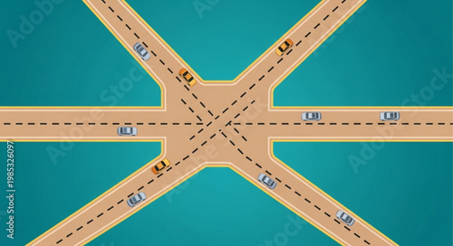 Aerial View of a Busy Crossroads Intersection with Cars.