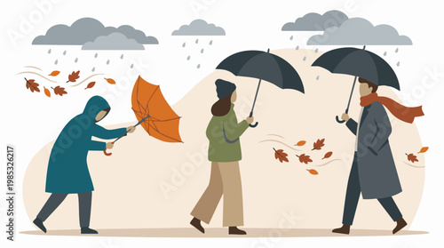 People struggling with umbrellas in strong wind and rain during autumn