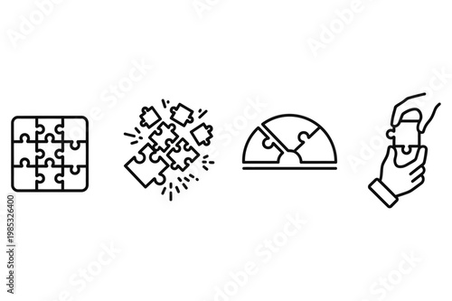 Illustration depicting the stages of puzzle creation and solving using a mallet