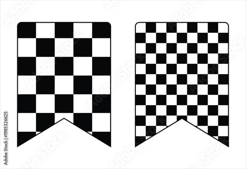 Racing checkered flag banner set in minimal flat style, vertical ribbon flags with square grid pattern, motorsport finish symbols for formula one events, race track signage graphics. Vector illustrati