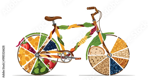 A colorful bicycle with wheels made of various pizza slices on a clean white background celebrating World Bicycle Day