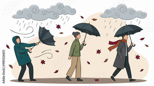 People Walking in Rainy and Windy Autumn Weather with Umbrellas