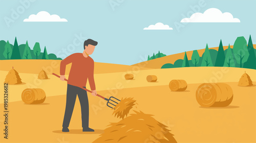Farmer working with hay and pitchfork in a rural harvest field