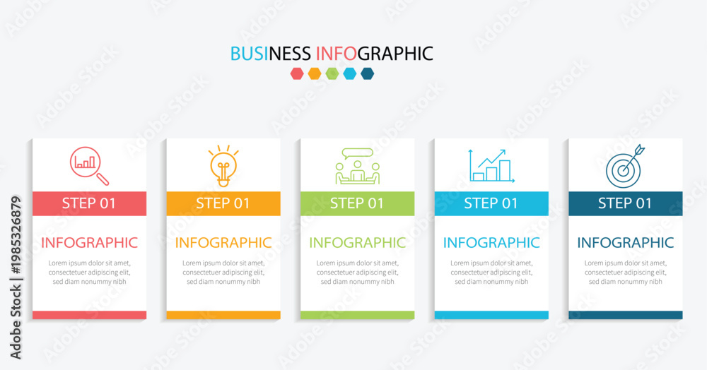 Fototapeta premium Business infographic template - 5 steps colorful paper banner with icons. Process strategy timeline and workflow presentation vector design.