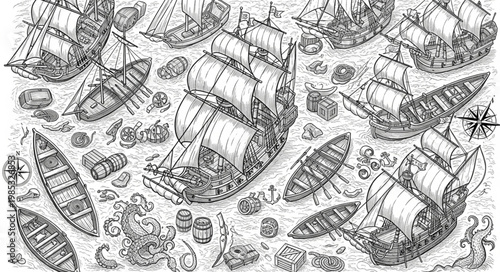 Collection of antique sailing ships and nautical elements in a detailed illustration.