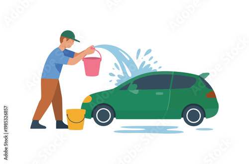 Male worker washing green car with water bucket at outdoor car wash station vector illustration cleaning service concept