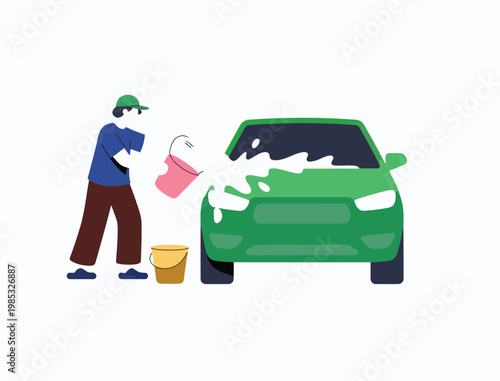 Male worker washing green car with water bucket at outdoor car wash station vector illustration cleaning service concept