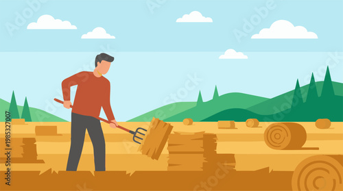 Farmer collecting hay bales in a sunny rural field with a pitchfork