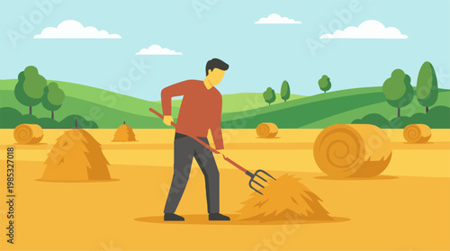 Farmer raking hay with pitchfork in a rural field during harvest