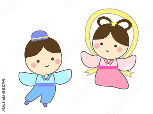 Illustration of Orihime and Hikoboshi for Tanabata